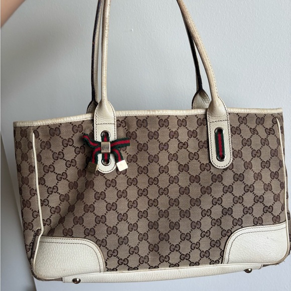 Auth - Ribbon GG Pattern Tote Bag canvas leather price drop...